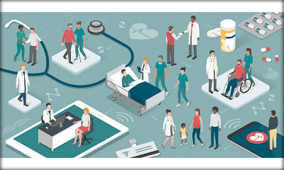 Immagine: illustrazione che descrive vari servizi del sistema sanitario. Si vedono alcuni lettini da ospedale, persone, attrezzatura medica