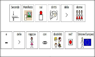 Immagine: illustrazione con varie immagini che descrivono il titolo del manifestoRagazze con Disabilità nell’Unione Europea tradotto con i simboli della comunicazione aumentativa alternativa (CAA)