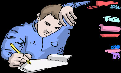 Immagine: illustrazione di un uomo che scrive mentre col braccio sinistro si appoggia ad una pila di libri