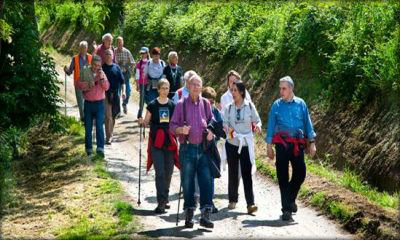 Gruppo di persone anziane che camminano lungo un sentiero